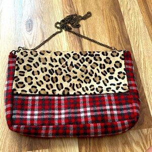 Panache Red and gray plaid cheetah print metal chain Crossbody bag